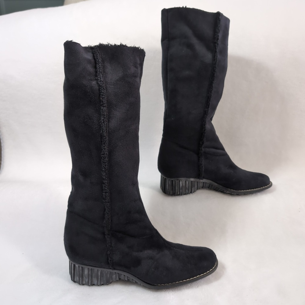 Anne Klein NY Suede Boots‎ Womens 7.5M Black Faux Fur Knee Ankle Fold Over Wedge